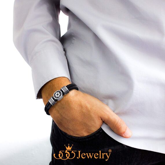 555Jewelry Edelstahl Davidstern geflochten Lederarmband für Herren Schwarz