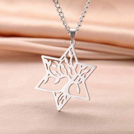 kkjoy Baum des Lebens mit Hexagramm Halskette Edelstahl Davidstern Anhänger Halskette Natur inspiriert spirituellen Schmuck für Frauen Männer