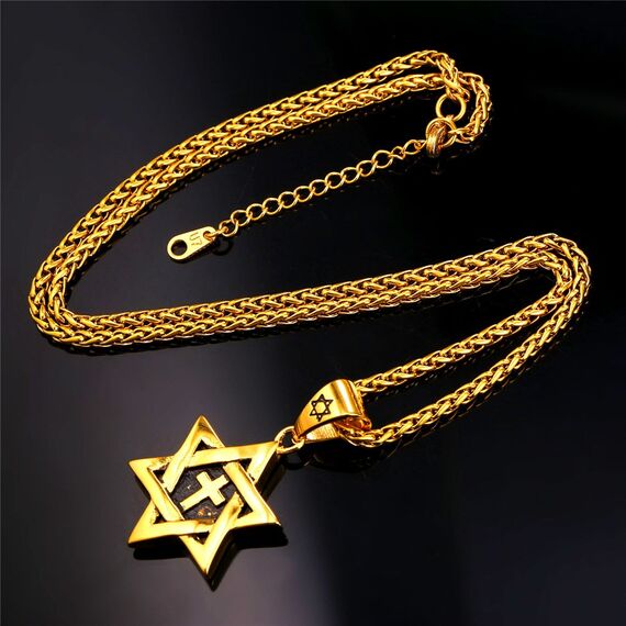 U7 Magen David Schmuck Hexagramm Kreuz Anhänger Halskette 18k vergoldet 55cm/3mm Weizenkette Herren Jungen religiöser Davidstern Schmuck Geschenkidee für Geburtstag