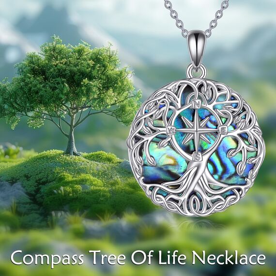 YFN Baum des Lebens Halskette Sterling Silber Kompass Anhänger Abalone Muschel keltischen Schmuck Graduierung Lebensbaum Geschenke für Damen Herren