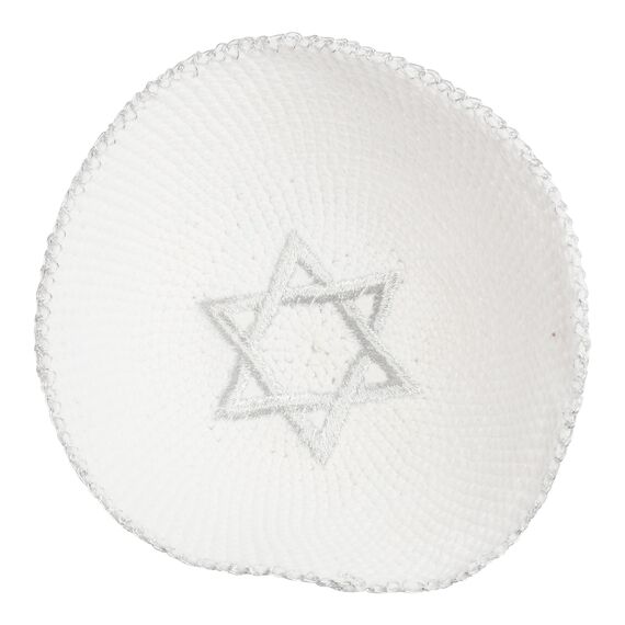 EREZ OVED KIPPIK Davidstern Jüdischer Kippahhut für Herren und Kinder, mit Clip, wunderschön gestrickt, Silber & Weiß