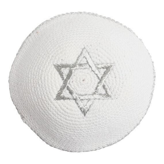 EREZ OVED KIPPIK Davidstern Jüdischer Kippahhut für Herren und Kinder, mit Clip, wunderschön gestrickt, Silber & Weiß