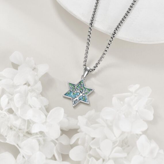 URONE Lebensbaum Kette 925er Sterlingsilber Davidstern Anhänger Türkis Halskette Jüdischer Stern Lebensbaum Schmuck Geschenke für Damen