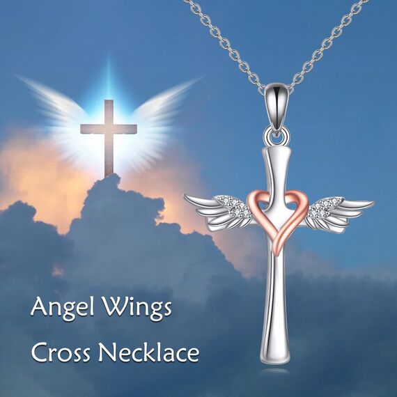 POPLYKE Engelsflügel Kreuz Halskette Sterling Silber Engelsflügel Anhänger Kette Religiöser Christlicher Schmuck Geschenke für Frauen Männer