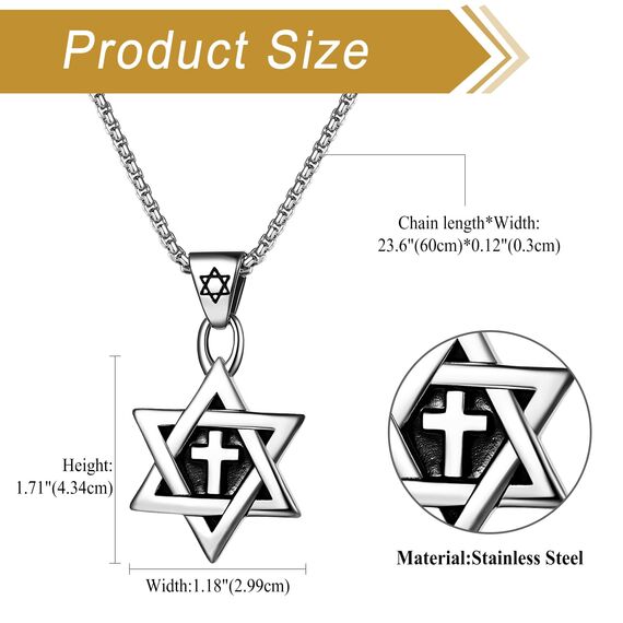 JewelryWe Davidstern Kreuz Halskette Herren: Silber Edelstahl Hexagramm Salomon Sechsspitzer Stern Anhänger Amulett Kette Jüdisch Israel Religiös David Schmuck Geschenk für Männer Frauen