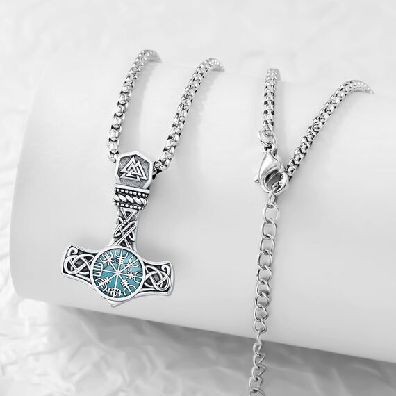 Friggem Wikinger Thors Hammer Halskette Herren 925 Sterling Silber Wikinger Anhänger Kette mit Keltischer Knoten/Vegvisir Kompass Anhänger Mjölnir Nordische Schmuck für Männer Frauen Unisex