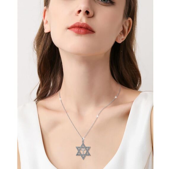 DAOCHONG Davidstern-Kreuz-Anhänger-Halskette für Männer und Frauen, 925er Sterlingsilber, israelischer jüdischer Schmuck, Ostergeschenke, Hexagramm-Halskette