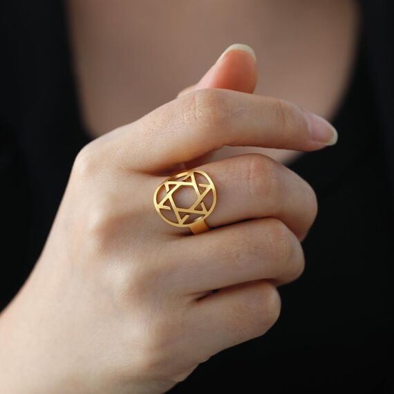 TEAMER Davidstern-Ring aus Edelstahl, verstellbar, Vintage-Fingerring, jüdischer Magen-Amulett-Schmuck für Frauen (Stil 2 – Gold)