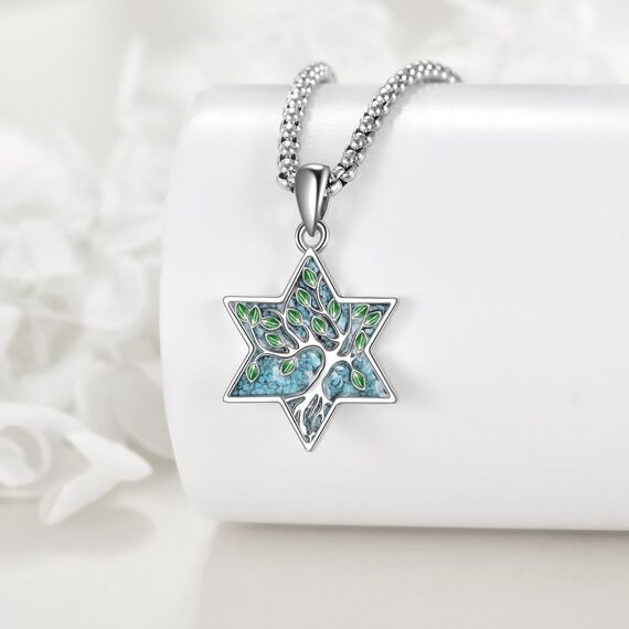 URONE Lebensbaum Kette 925er Sterlingsilber Davidstern Anhänger Türkis Halskette Jüdischer Stern Lebensbaum Schmuck Geschenke für Damen