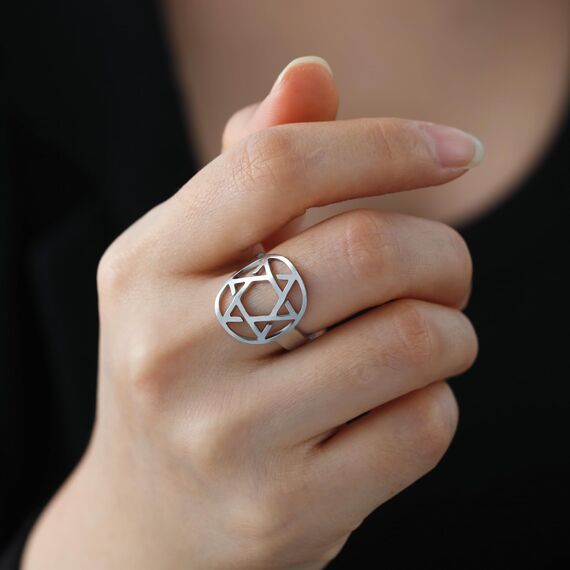 TEAMER Davidstern-Ring aus Edelstahl, verstellbar, Vintage-Fingerring, jüdischer Magen-Amulett-Schmuck für Frauen (Stil 2 – Silber)