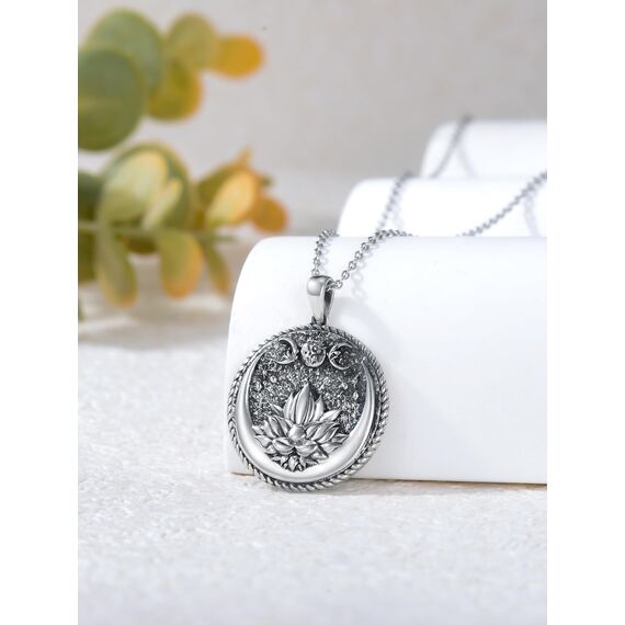 Shusukue Triple Moon Goddess Kette Dreifachmond-Göttin Halskette 925 Sterling Silber Lotus-Anhänger Heidnischer Mystik-Schmuck & Wicca-Amulett für Damen und Herren