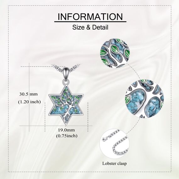 URONE Lebensbaum Kette 925er Sterlingsilber Davidstern Anhänger Türkis Halskette Jüdischer Stern Lebensbaum Schmuck Geschenke für Damen