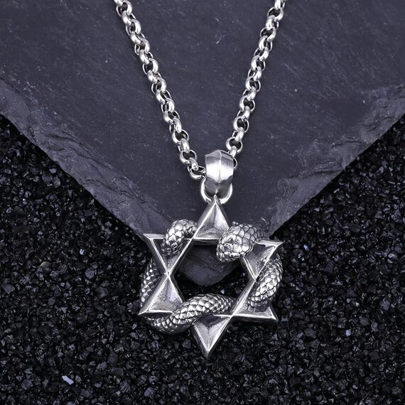 Vintage Echt 925 Sterling Silber Davidstern Anhänger Hexagramm Schlange Anhänger für Herren Damen