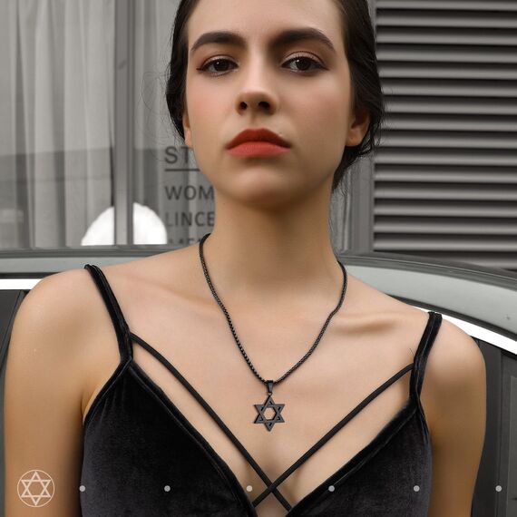 ChainsHouse Hexagramm Davidstern Anhänger Herren Schwarz Halskette mit Hexagramm Anhänger Edelstahl Davidstern Kettenanhänger Männer Schwarz Religion Halsband Modeschmuck für Vatertag