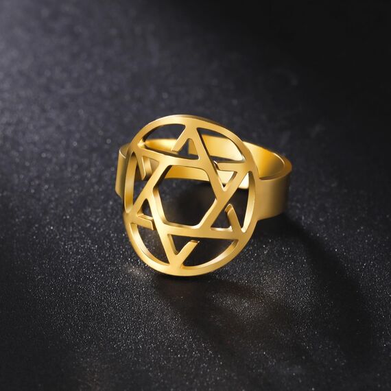 TEAMER Davidstern-Ring aus Edelstahl, verstellbar, Vintage-Fingerring, jüdischer Magen-Amulett-Schmuck für Frauen (Stil 2 – Gold)