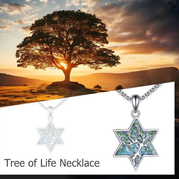 URONE Lebensbaum Kette 925er Sterlingsilber Davidstern Anhänger Türkis Halskette Jüdischer Stern Lebensbaum Schmuck Geschenke für Damen