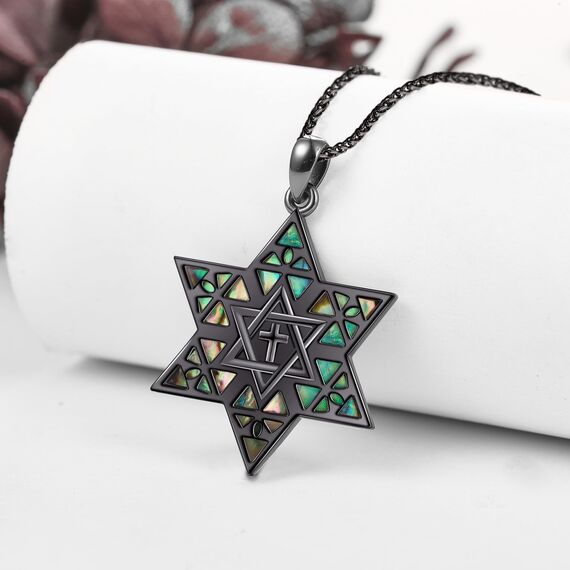 HUKKUN Schwarzer Davidstern Halskette für Männer Sterling Silber Abalone Shell Davidstern mit Kreuz Halskette Jüdischer Stern Schmuck Geschenk für Männer