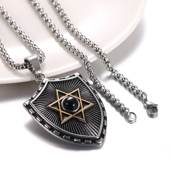 JewelryWe Schmuck Retro Herren Halskette, Edelstahl Schild Glücklich Jüdischen Davidstern Anhänger mit 60cm Kette, Schwarz Gold Silber