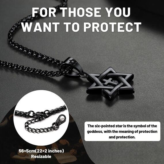 ChainsHouse Schwarze Kette Herren Davidstern Anhänger für Männer Halskette Edelstahl Davidstern Kette mit Kreuz in der Mitte Schwarz Hexagramm Anhänger Amulett Religion Modeschmuck für Weihnachten