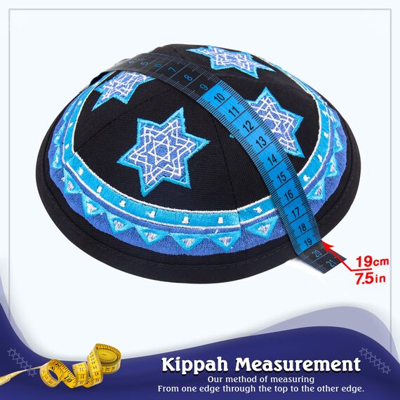 HolYudaica Hq 19 cm Baumwolle Kippah mit blauer Davidstern-Stickerei für Herren und Jungen, Yamaka-Hut aus Israel (schwarze Basis)