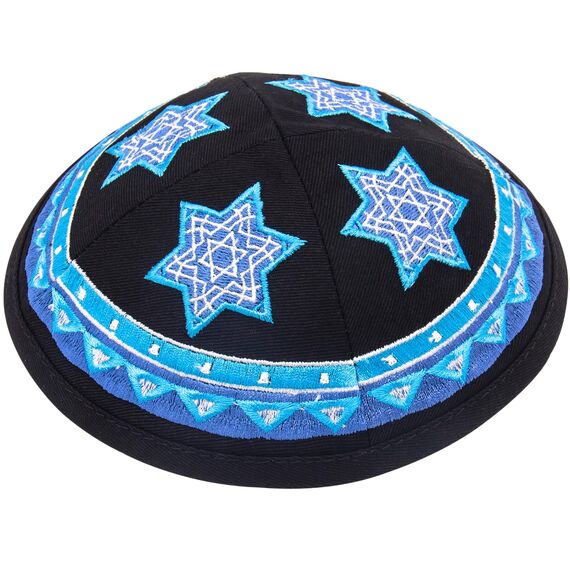 HolYudaica Hq 19 cm Baumwolle Kippah mit blauer Davidstern-Stickerei für Herren und Jungen, Yamaka-Hut aus Israel (schwarze Basis)