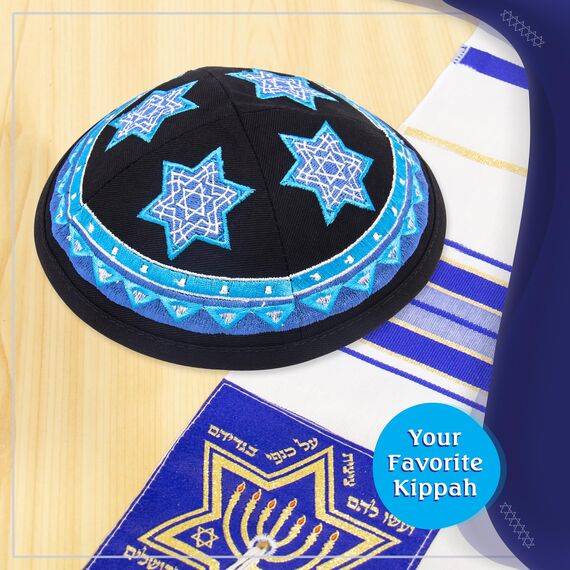 HolYudaica Hq 19 cm Baumwolle Kippah mit blauer Davidstern-Stickerei für Herren und Jungen, Yamaka-Hut aus Israel (schwarze Basis)
