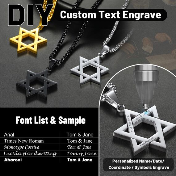 ChainsHouse Männer Hexagramm Anhänger für Halskette Edelstahl Herren Davidstern Kette mit Grvaur Jungen Davidstern Anhänger Amulett Davidstern Kettenanhänger Religion Halsband Schmuck für Ehemann