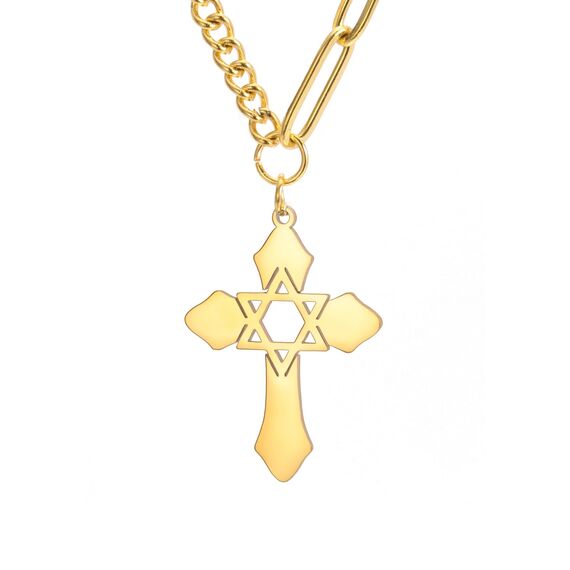 kkjoy Kreuz mit Davidstern Anhänger Halskette Ohrringe Schlüsselanhänger Edelstahl Hexagramm am Kreuz Gebetsamulett Schmuck für Frauen Männer (Halskette D (Kombinierte Kette, 50+5cm)-Gold)