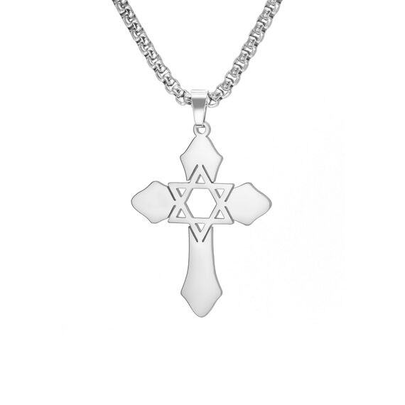 kkjoy Kreuz mit Davidstern Anhänger Halskette Ohrringe Schlüsselanhänger Edelstahl Hexagramm am Kreuz Gebetsamulett Schmuck für Frauen Männer (Halskette C (Kastenkette, 60cm)-Silber)