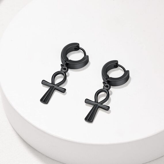 U7 Klappcroelen mit Ankh-Kreuz Anhänger schwarz Edelstahl Kleine Creolen Ohrringe Gotik Biker Punk Rock Huggie Kreolen Modeschmuck Accessoire