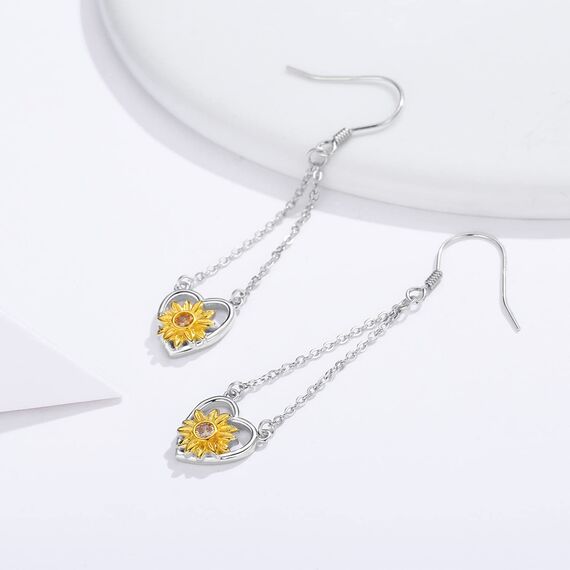 Sonnenblumen Ohrringe, 925er Sterling Silber Sonnenblumen-Tropenohrringe für Frauen Sonnenblumen Herz Ohrringe Sonnenblumen Schmuck Geschenk für Geburtstag Weihnachten