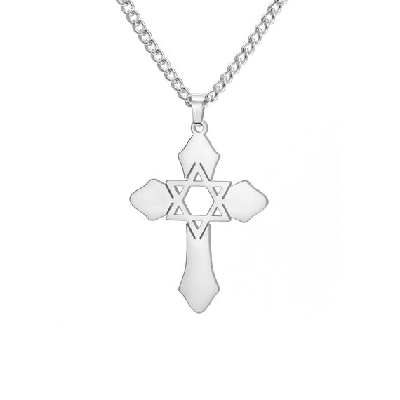 kkjoy Kreuz mit Davidstern Anhänger Halskette Ohrringe Schlüsselanhänger Edelstahl Hexagramm am Kreuz Gebetsamulett Schmuck für Frauen Männer (Halskette B (3mm Kreuzkette, 45+5cm)-Silber)