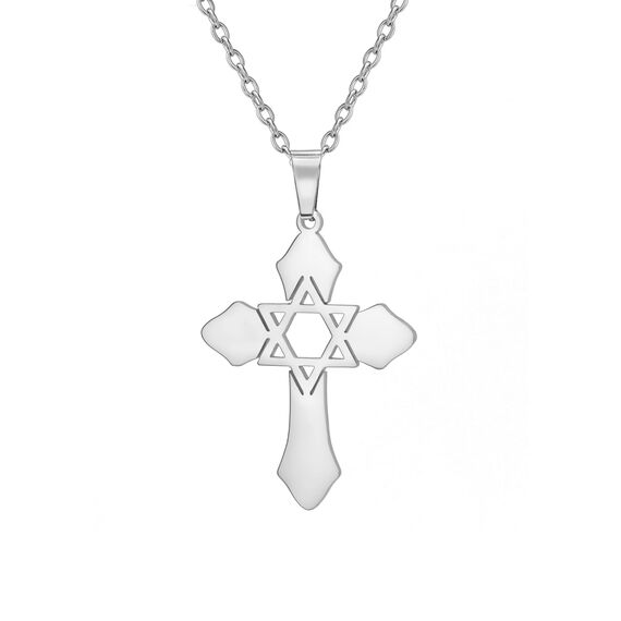 kkjoy Kreuz mit Davidstern Anhänger Halskette Ohrringe Schlüsselanhänger Edelstahl Hexagramm am Kreuz Gebetsamulett Schmuck für Frauen Männer (Halskette A (1mm Kreuzkette, 45+5cm)-Silber)