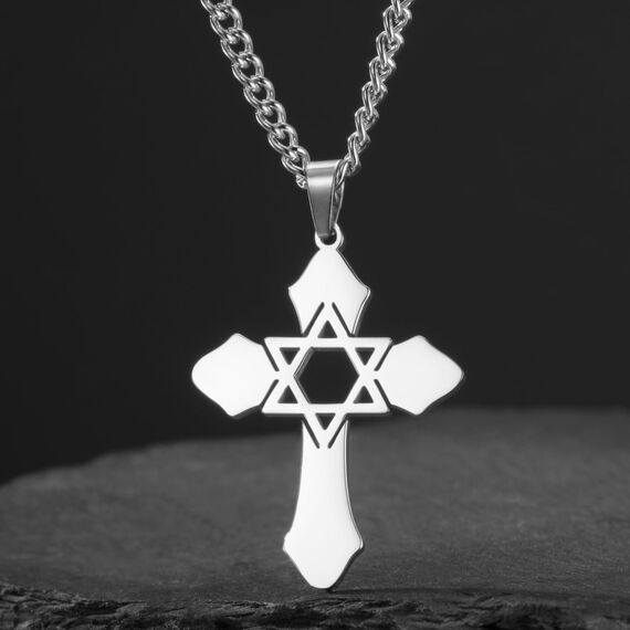 kkjoy Kreuz mit Davidstern Anhänger Halskette Ohrringe Schlüsselanhänger Edelstahl Hexagramm am Kreuz Gebetsamulett Schmuck für Frauen Männer (Halskette B (3mm Kreuzkette, 45+5cm)-Silber)