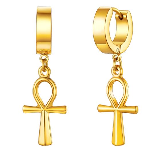 U7 Punk Creolen Ohrringe für Männer Frauen Hip-Hop Klappcreolen mit Ankh-Kreuz Anhänger 18k vergoldet Kleine Huggie Kreolen Modeschmuck Accessoire