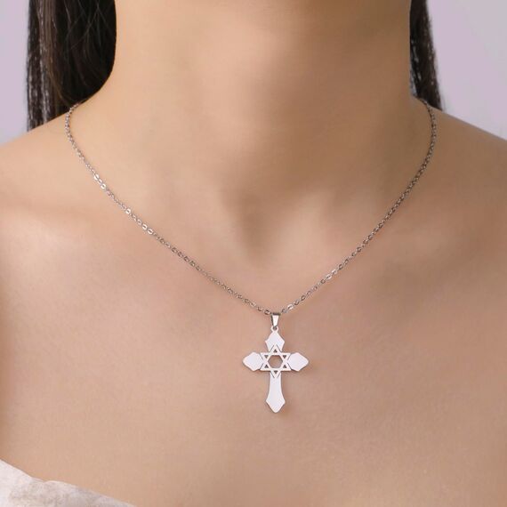 kkjoy Kreuz mit Davidstern Anhänger Halskette Ohrringe Schlüsselanhänger Edelstahl Hexagramm am Kreuz Gebetsamulett Schmuck für Frauen Männer (Halskette A (1mm Kreuzkette, 45+5cm)-Silber)
