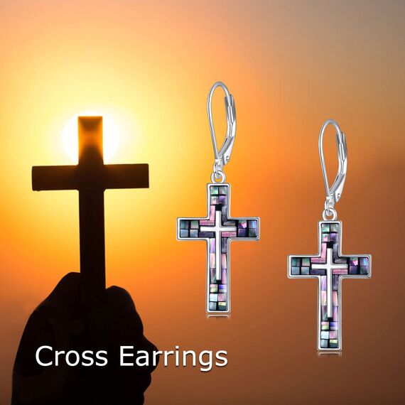 YFN Kreuz Ohrringe Tropfen Sterling Silber Abalone Schale Hängend Ohrringe Kreuz Religion Schmuck Christen Geschenk für Damen