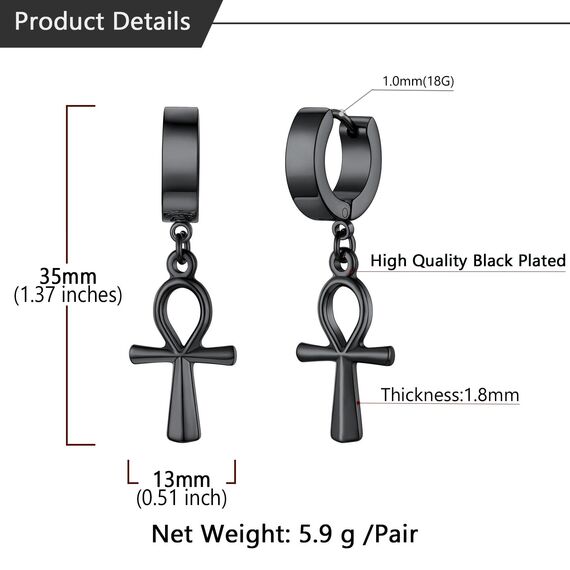 U7 Klappcroelen mit Ankh-Kreuz Anhänger schwarz Edelstahl Kleine Creolen Ohrringe Gotik Biker Punk Rock Huggie Kreolen Modeschmuck Accessoire