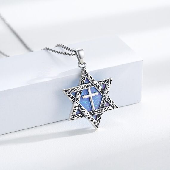 ABIGY Davidstern Kette 925 Sterling Silber Halskette mit Kreuz Opal Anhänger Hexagramm Davidstern Kette Jüdischen Hexagramm Amulett Schmuck Geschenke für Männer Damen