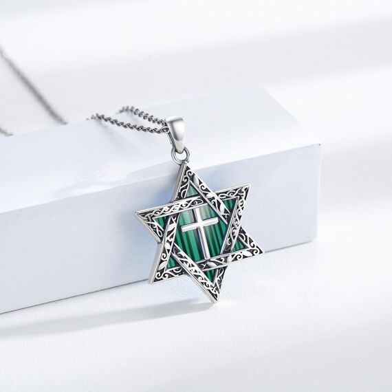 ABIGY Davidstern Halskette 925 Sterling Silber Malachit Davidstern Kette Malachit Anhänger mit Kreuz Hexagramm Halskette Jüdischer Schmuck Amulett Schmuck Männer Damen Geschenke