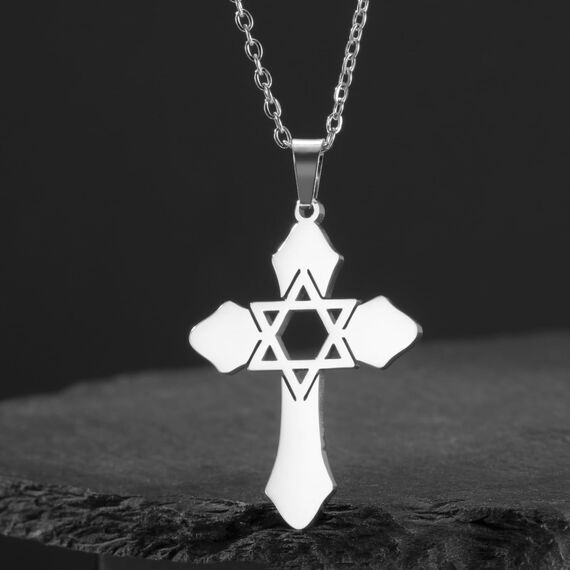 kkjoy Kreuz mit Davidstern Anhänger Halskette Ohrringe Schlüsselanhänger Edelstahl Hexagramm am Kreuz Gebetsamulett Schmuck für Frauen Männer (Halskette A (1mm Kreuzkette, 45+5cm)-Silber)