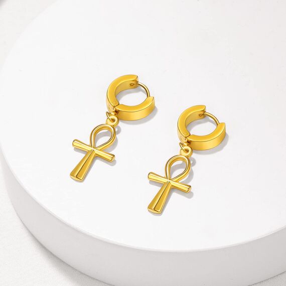 U7 Punk Creolen Ohrringe für Männer Frauen Hip-Hop Klappcreolen mit Ankh-Kreuz Anhänger 18k vergoldet Kleine Huggie Kreolen Modeschmuck Accessoire
