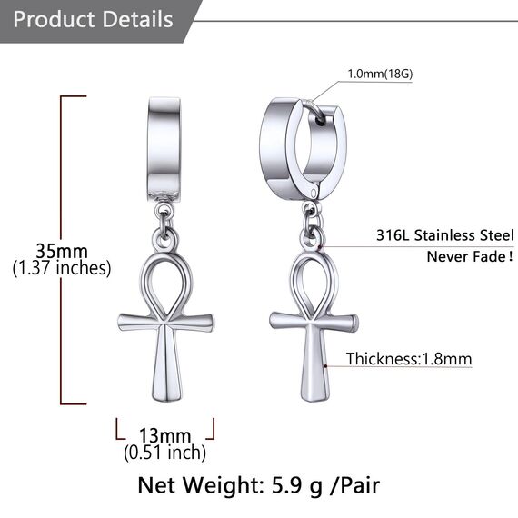 U7 Kleine Creolen mit Ankh-Kreuz Anhänger Edelstahl Biker Gotik Hängeohrringe Punk Rock Huggie Kreolen Hoop Earrings Modeschmuck für Männer Frauen