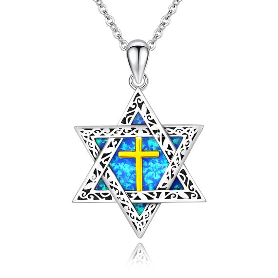 ABIGY Davidstern Kette mit Kreuz 925 Sterling Silber Opal Anhänger Hexagramm Davidstern Kette Jüdischen Hexagramm Amulett Schmuck Geschenke für Damen Männer