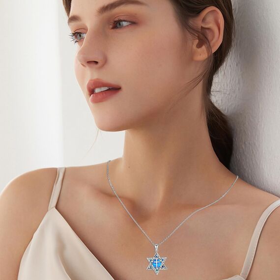 ABIGY Davidstern Kette 925 Sterling Silber Halskette mit Kreuz Opal Anhänger Hexagramm Davidstern Kette Jüdischen Hexagramm Amulett Schmuck Geschenke für Männer Damen