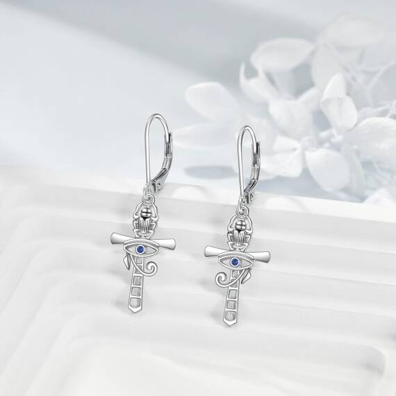 YFN Ankh Kreuz Ohrringe Sterling Silber Auge des Horus Ohrringe Skarabäus Baumeln Tropfen Hängend Schmuck Religion Schmuck Christen Geschenke für Damen