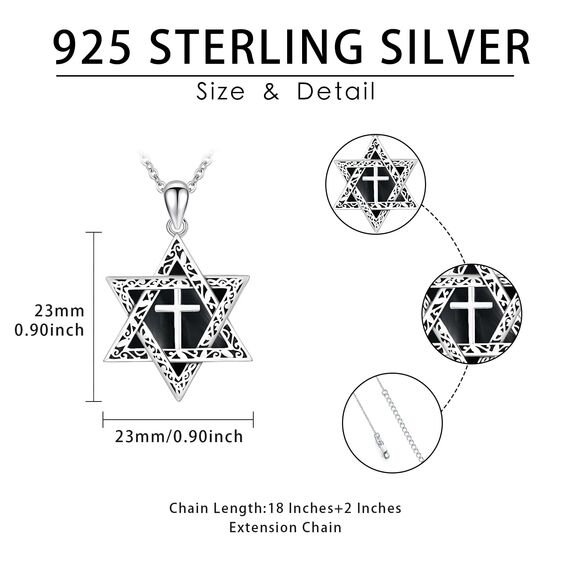 ABIGY Onyx Davidstern Halskette 925 Sterling Silber Davidstern Kette Kreuz Onyx Anhänger Hexagramm Halskette Jüdisches Amulett Schmuck Geeignet für Männer Damen Geschenke