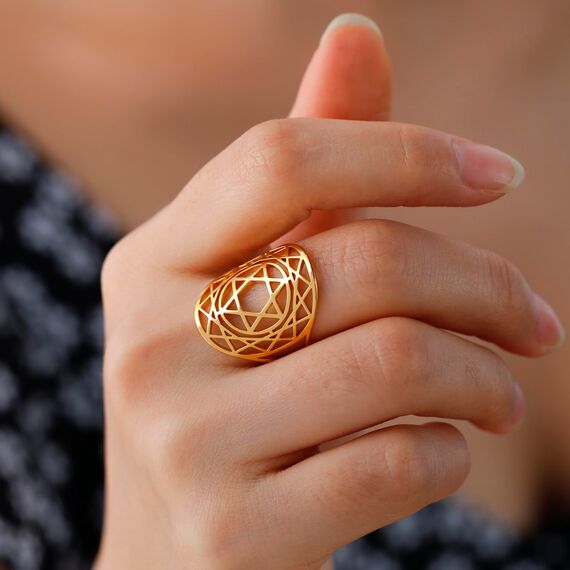 TEAMER Davidstern-Ring aus Edelstahl, verstellbar, Vintage-Fingerring, jüdischer Magen-Amulett-Schmuck für Frauen (Stil 1 – Gold)