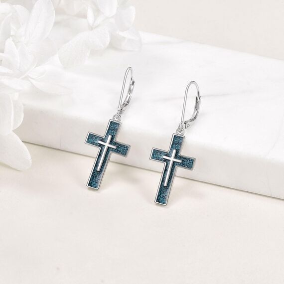 YFN Türkis Kreuz Ohrringe Sterling Silber Religiöses Kreuz Ohrringe Baumeln Tropfen Ohrringe Schmuck Christliche Geschenke für Damen