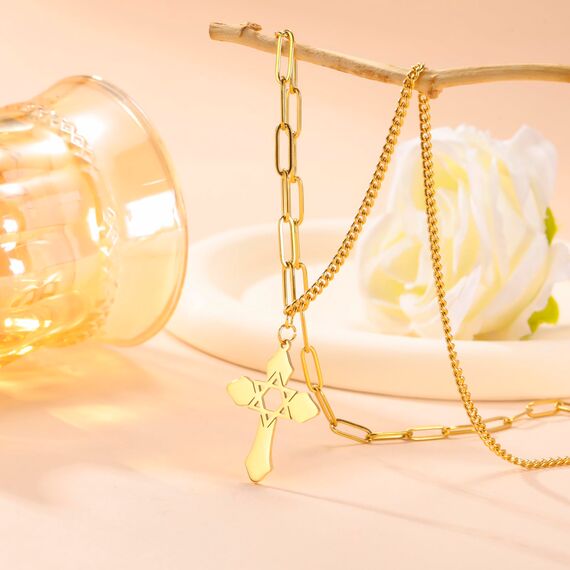 kkjoy Kreuz mit Davidstern Anhänger Halskette Ohrringe Schlüsselanhänger Edelstahl Hexagramm am Kreuz Gebetsamulett Schmuck für Frauen Männer (Halskette D (Kombinierte Kette, 50+5cm)-Gold)